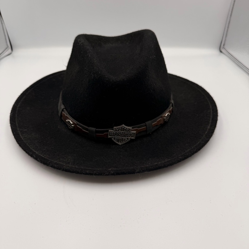 Harley Davidson Black Felted Wool Western Bohemian Festival Cowboy Logo Hat M